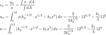 \displaystyle c_x=\frac{a_x}{a}=\frac{\int{x\cdot dA}}{\int{dA}}\\\\a_x=\int_0^{12}{x(k_2^{-1/2}\cdot x^{1/2}-k_1x^3)}\,dx=\frac{2}{5k_2^{1/2}}\cdot12^{5/2}-\frac{k_1}{5}12^5\\\\a=\int_0^{12}{(k_2^{-1/2}\cdot x^{1/2}-k_1x^3)}\,dx=\frac{2}{3k_2^{1/2}}\cdot12^{3/2}-\frac{k_1}{4}12^4\\