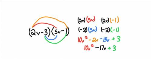 Find the expression that is equivalent to (2v-3)(5v-1)

1. 7v²+13v+3
2. 7v²-13v-3
3. 10v²+17v-3
4.