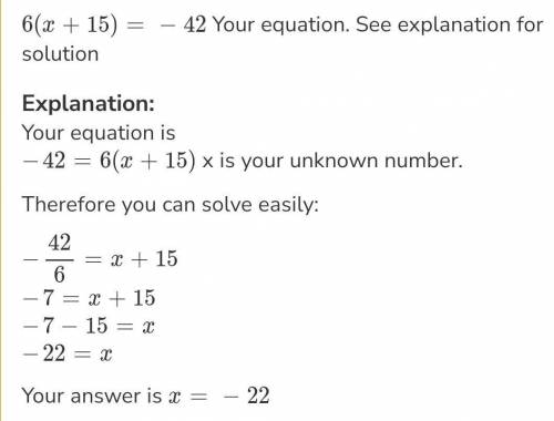 Six times the difference of a number and three is -42 (write and equation and solve)