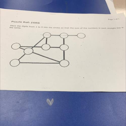 Place the digits from 1 to 9 into the circles so that the sum of the numbers in each straight line