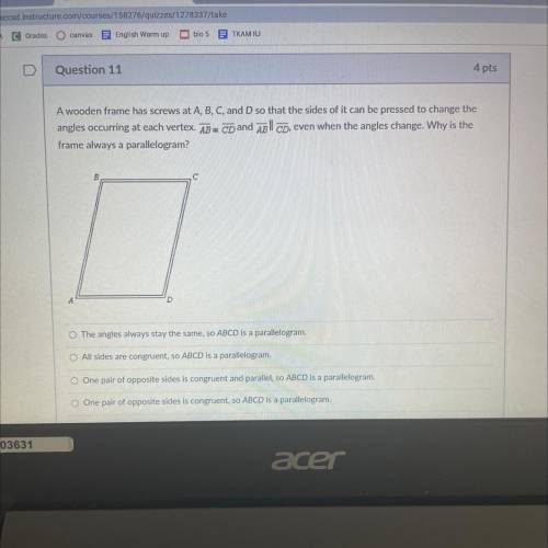 A wooden frame has screws at A, B, C, and D so that the sides of it can be pressed to change the