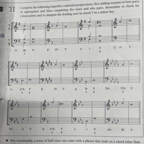 Complete the following imperfect cadential progressions.