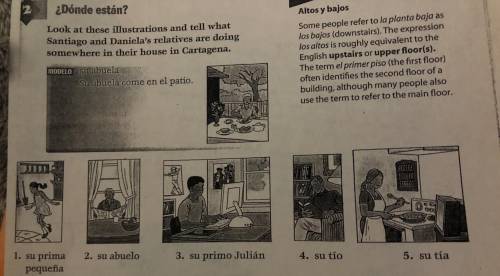 ¿Dónde están?

Look at these illustrations and tell what
Santiago and Daniela's relatives are doin