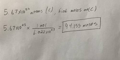 How many moles are present in 5.67x10^25 atoms of Carbon (C)?