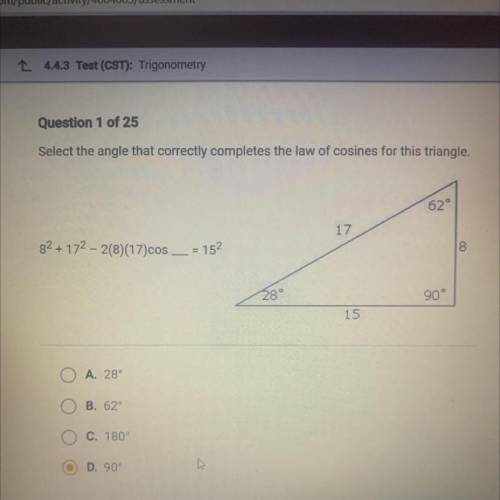 Select the angle that correctly completes the law of cosines for this triangle.

62°
17
82 +172 –