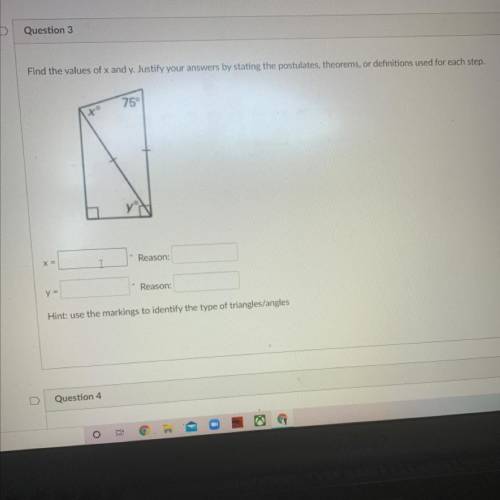 Find the values of x and y. Justify your answers by stating the postulates, theorems, or definition