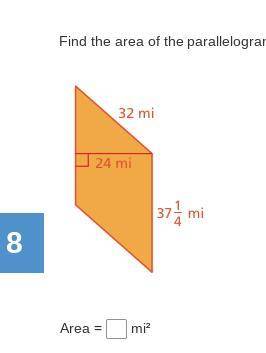 Question
Find the area of the parallelogram.
Area = 
mi²