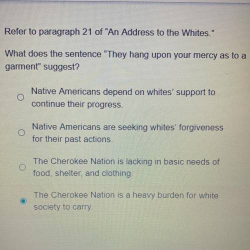 Refer to paragraph 21 of “An Address to the Whites.

What does the sentence “They hang upon your