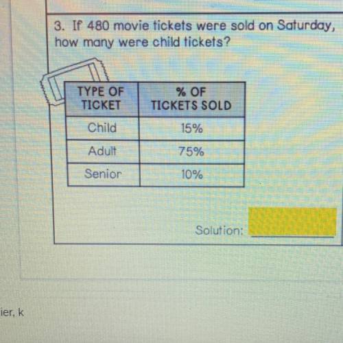 3. If 480 movie tickets were sold on Saturday,

how many were child tickets?
Child= 15%
Adult= 75%
