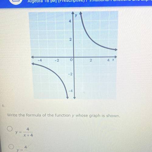 Write the formula of the function y whose graph is shown.

Y= 4/x+4
Y=4/x
Y=1/x-4
Y=4/x-4