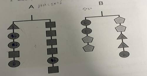 Please help!

2.3: More Hanging Blocks
A triangle weighs 3 grams and a circle weighs 6 grams.
1. F