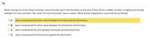 While coming out of the library carrying a stack of books, Jason hits his elbow on the door frame.