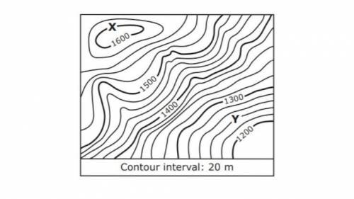 A section of a topographic map is shown below. What is the difference in elevation in meters betwee
