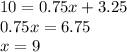 10=0.75x+3.25\\0.75x=6.75\\x=9