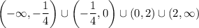 \left(-\infty, -\dfrac 14 \right) \cup \left(-\dfrac 14, 0 \right) \cup (0,2) \cup (2, \infty)