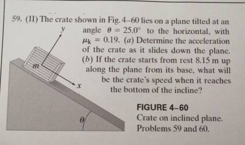 59. (II) The crate shown in Fig. 4-60 lies on a plane tilted at an angle A = 25.0° to the horizonta