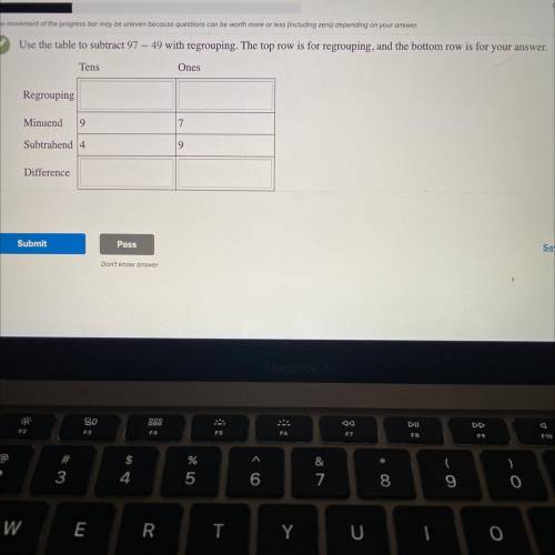 Use the table to subtract 97 - 49 with regrouping. The top row is for regrouping, and the bottom ro
