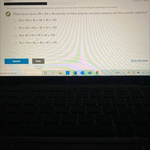 Which choice shows (50+30)+40 correctly written using associative property and then correctly simpl