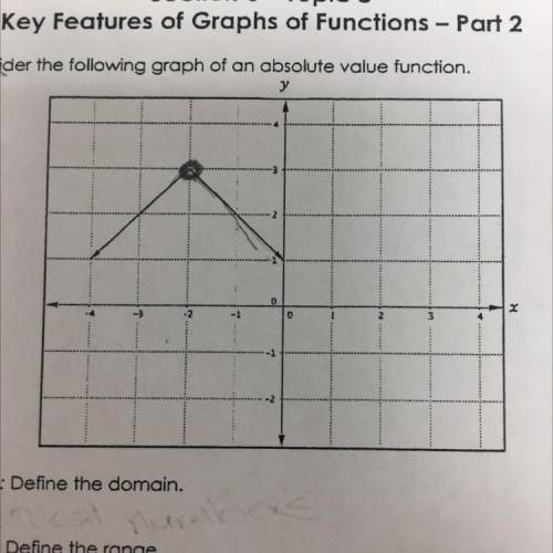 1. Consider the following graph of an absolute value function.

Part A: Define the domain.
Port B: