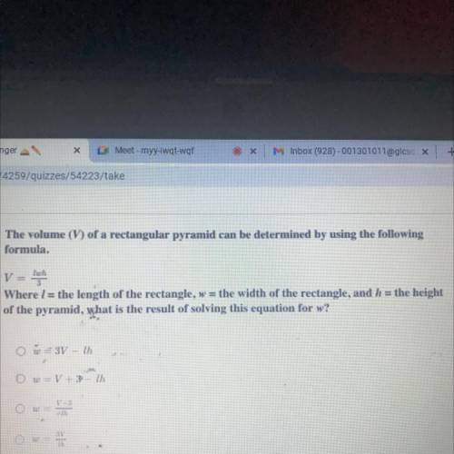 The volume (V) of a rectangular pyramid can be determined by using the following

formula.
V = luc