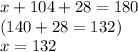 x + 104 + 28 = 180  \\ (140 + 28 = 132) \\ x = 132