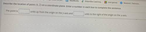 Describe the location of point (4,2) on a coordinate plane. Enter a number in each box to complete