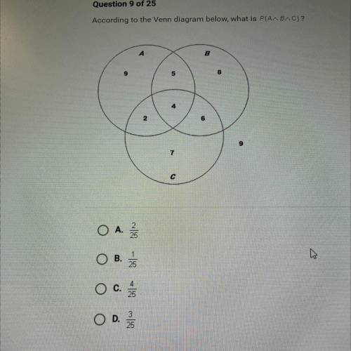 According to the Venn diagram below, what is P(AnBnC)?