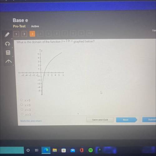 What is the domain of the function Y = 3 In x graphed below?

5
4
3
2+
1
++
54 -3 -2 -1 2 3 4 5 X