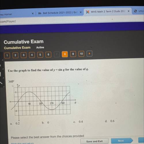 Use the graph to find the value of y = sin q for the value of q.

360°
1
90
180
270
1360
e
+
0.2
c