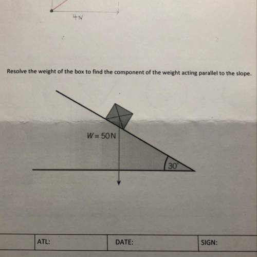 Resolve the weight of the box to find the component of the weight acting parallel to the slope.

W