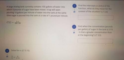 PLEASEEE PLEASE HELP??

Find the intercepts of the function. Find when the concentration of sugar