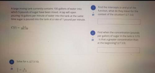 PLEASEEE PLEASE HELP??

1. Find the intercepts of the function. 2. Find when the concentration of