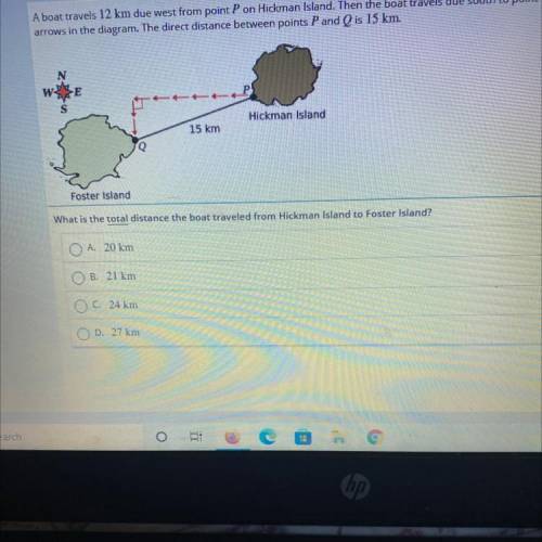 A boat travels 12 km due west from point P on Hickman Island. Then the boat travels due south to po