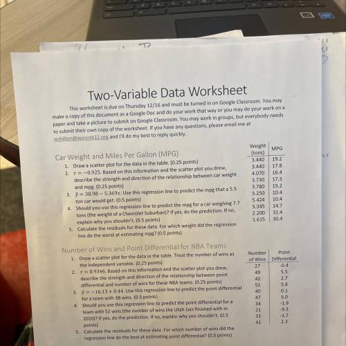 Need help on this two variable data worksheet