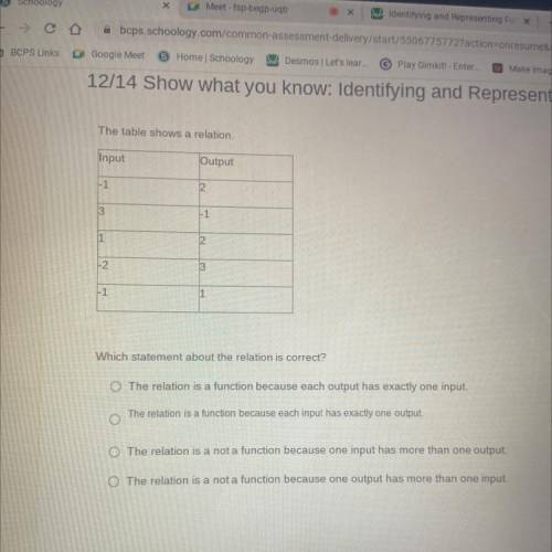 Which statement about the relation is correct?

O The relation is a function because each output h