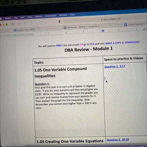 Topics

Space to practice & Vide
Question 1 6:17
1.05 One-Variable Compound
Inequalities
Quest