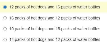 Harold buys hot dogs and water bottles for a fundraiser. He can buy a pack of 8 hot dogs for $6, an