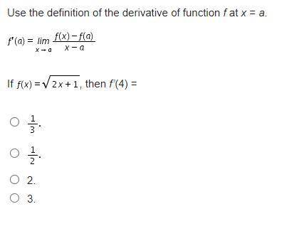 [SCREENSHOT INCLUDED] If f(x) = sqrt(2x+1) then f '(4) =