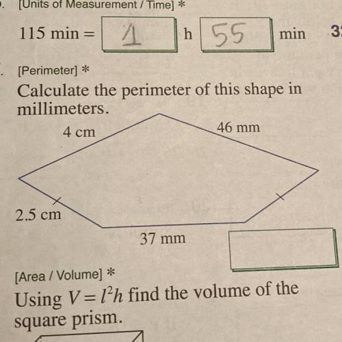 Calculate the perimeter of this shape in millimeters. Please explain step by step to get marked!