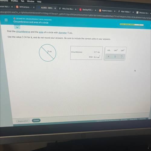 Find the circumference and the area of a circle with the diameter 5cm