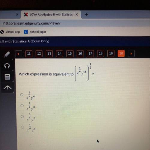 Which expression is equivalent to (x1/4 y^16)^1/2?