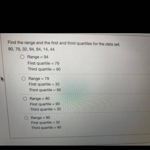 He range and the first and third quartiles for the data set.
3, 32, 94, 84, 14, 44