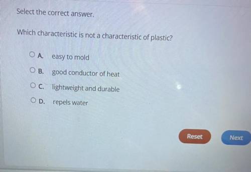 Which characteristic is not a characteristic of plastic?

A.) easy to mold
B.) good conductor of h