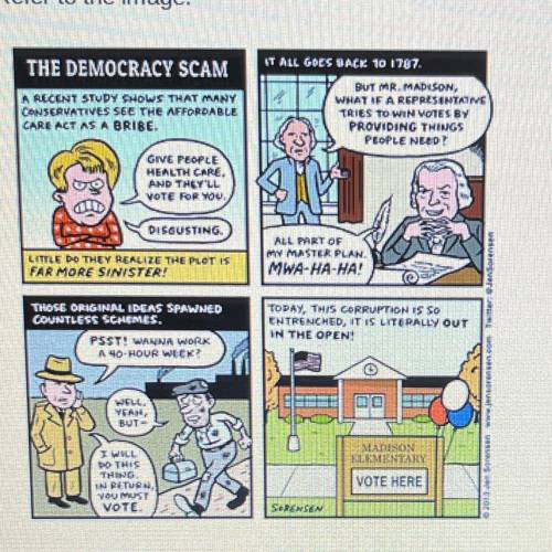 What aspect of the representative democracy model does the cartoon illustrate?

O Candidates bribe