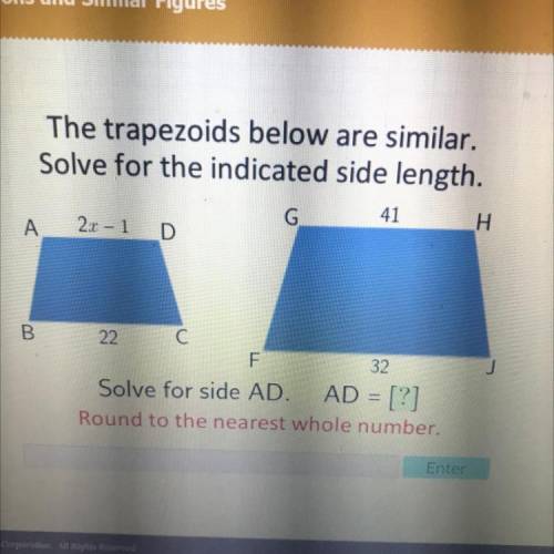 The trapezoids below are similar

Solve for the indicated side length.
G
41
H
20-1D
B
F
32
Solve f