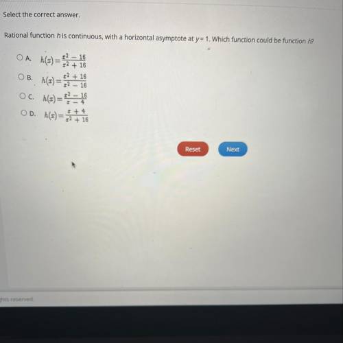 Select the correct answer.

Rational function h is continuous, with a horizontal asymptote at y =