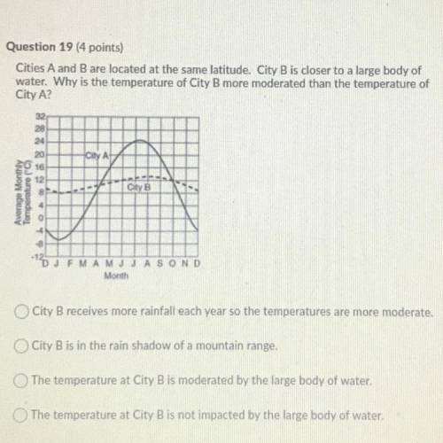 Cities A and B are located at the same latitude. City B is closer to a large body of

water. Why i