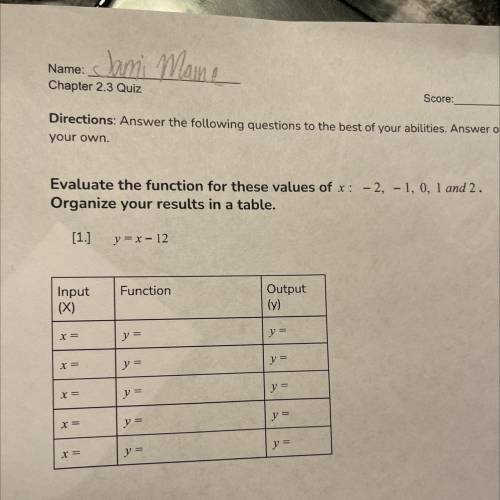 Evaluate the function for these values of x: -2, -1, 0, 1, and 2. Organize your results in a table.