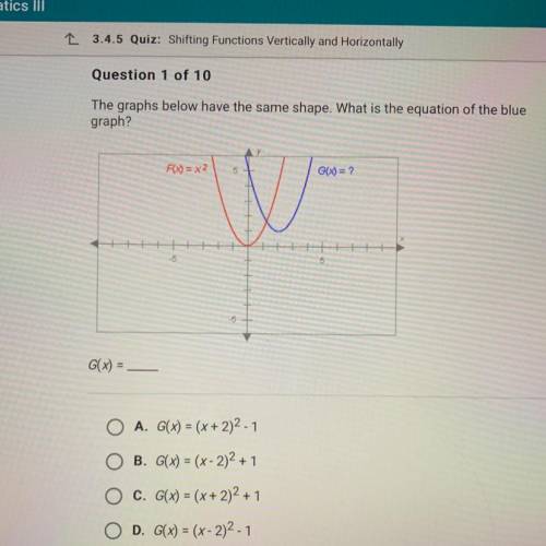 The graphs below have the same shape. What is the equation of the blue graph?