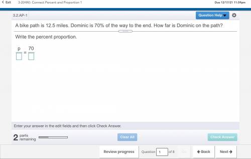 A bike path is 12.5 miles. Dominic is 70% of the way to the end. How far is Dominic on the path?